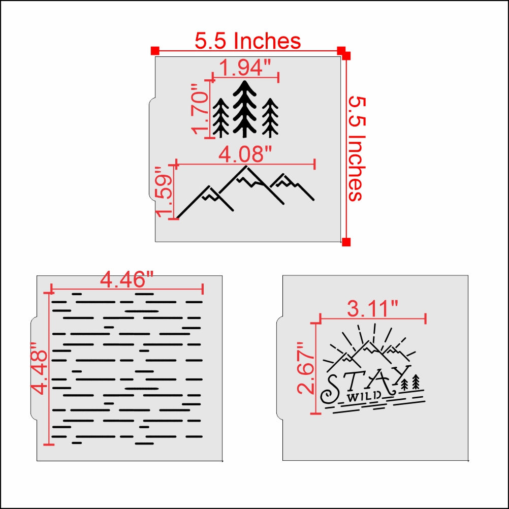 Measurements for the Stay Wild 3 Piece Cookie Stencil Set