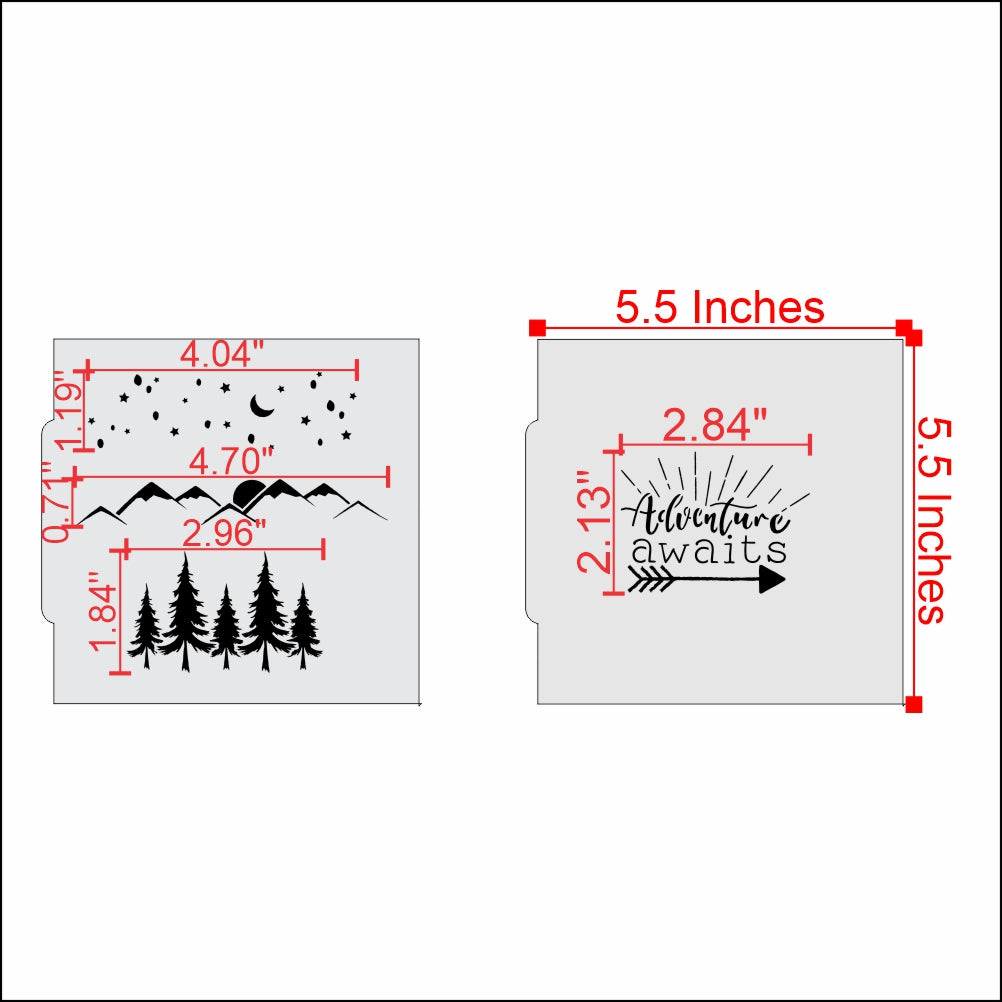 Measurements for the Adventure Awaits 2 Piece Cookie Stencil Set