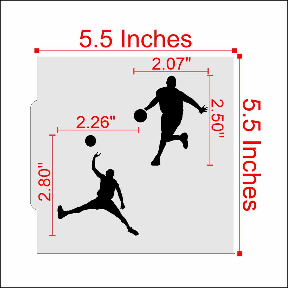 Basketball cookie stencil design with player silhouettes and dimensions for baking and crafts