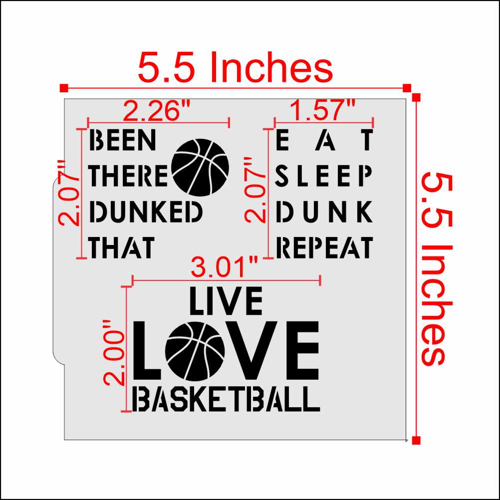 Women’s basketball cookie stencil with phrases for party decorations, measuring 5.5 x 5.5 inches, food grade quality.