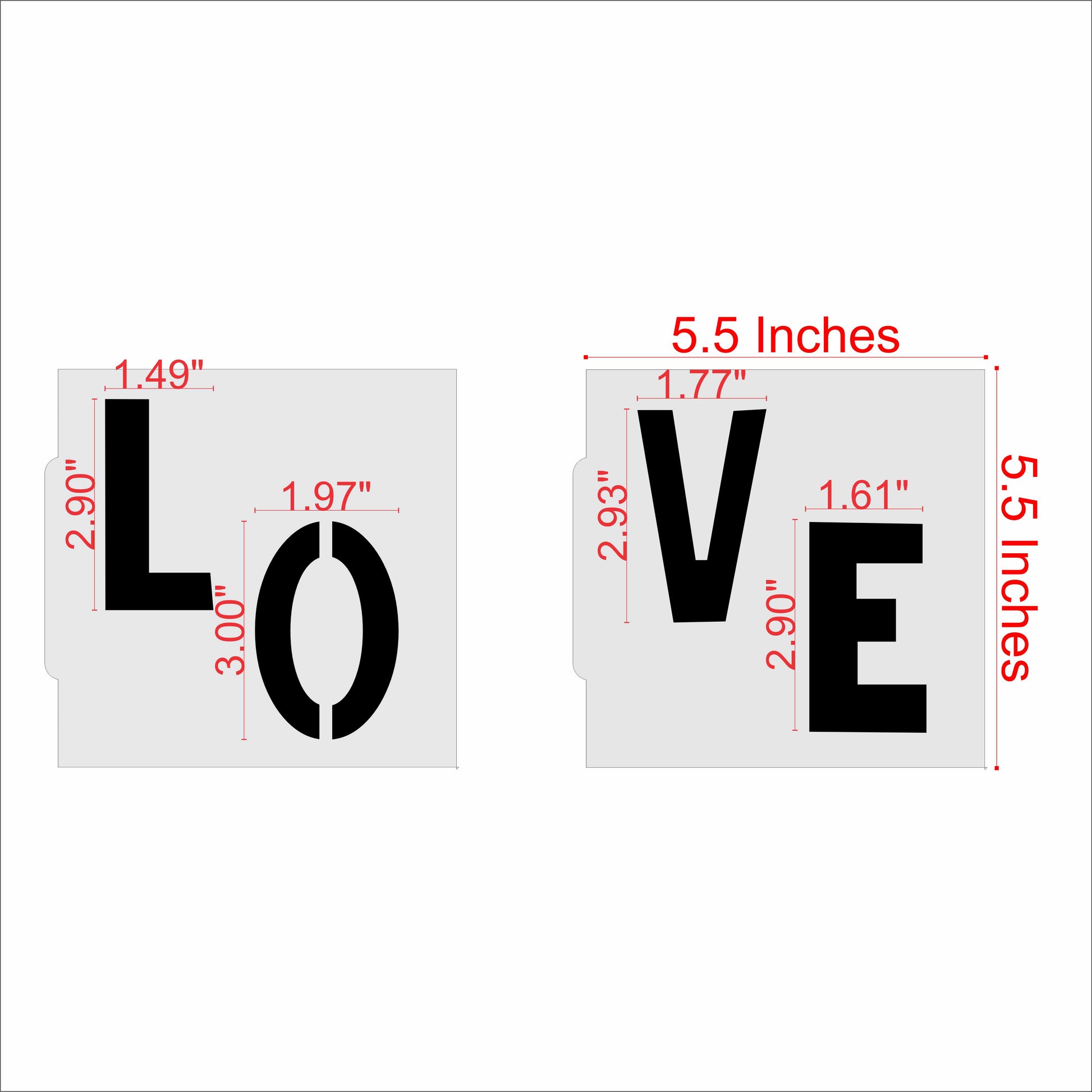 Measurements for the L-O-V-E Letters Cookie Stencil