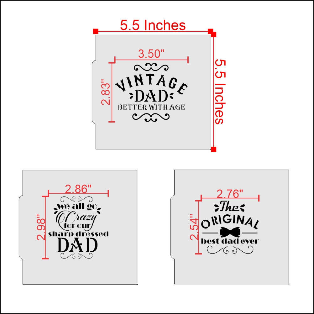 Measurements for the Vintage Style Father's Day Messages 3 Pc Cookie Stencil Set