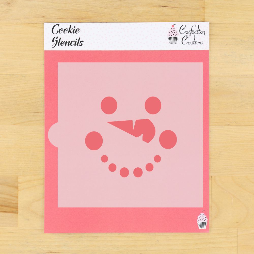 Custom snowman face cookie stencil on pink background for holiday baking and cookie decorations.