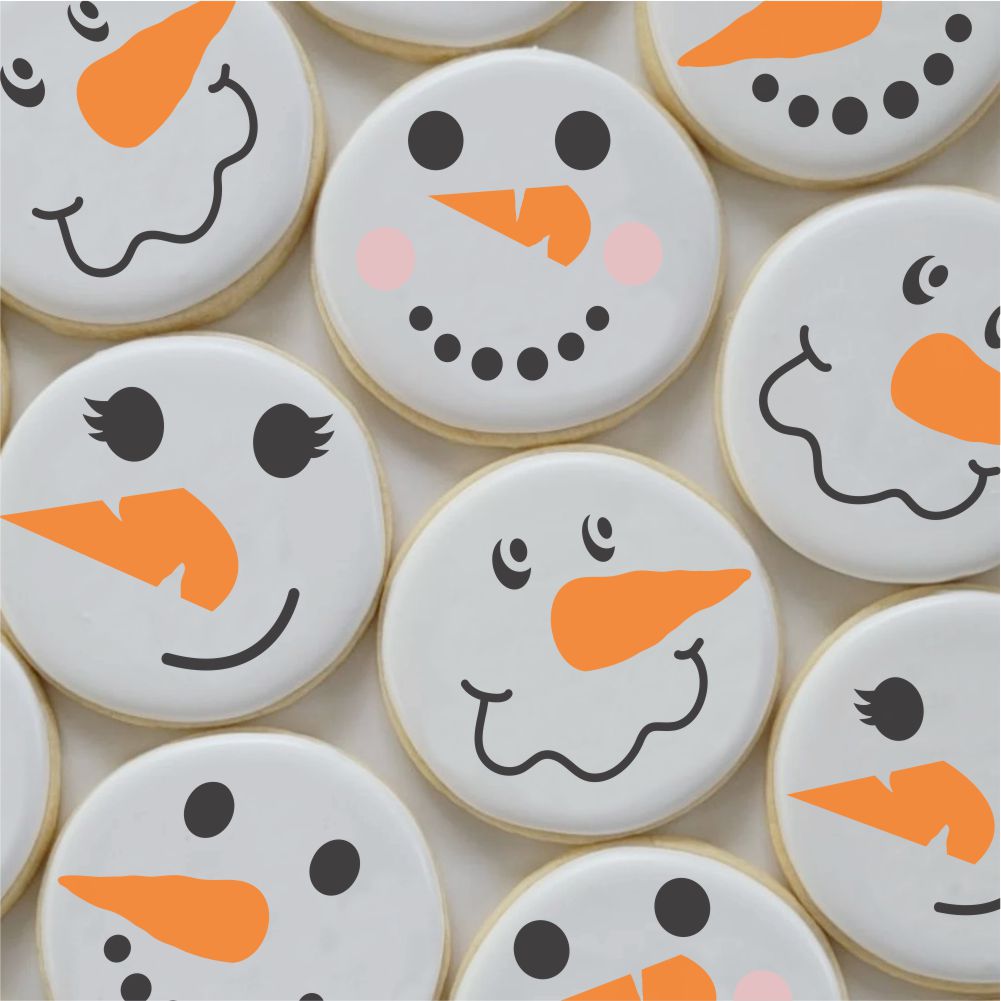 Custom snowman face cookie stencils for festive cookies, featuring fun designs with orange noses and playful expressions.