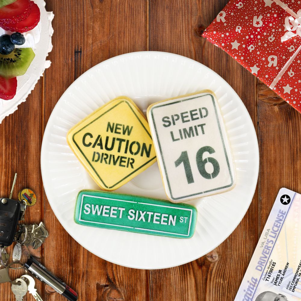 Cookies for a 16th Birthday Party using the Caution New Driver Sixteenth Birthday Cookie Stencil Set