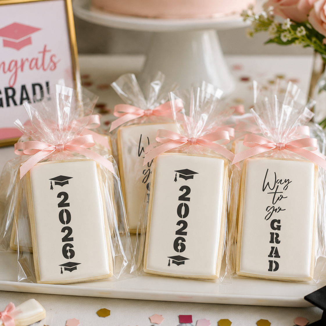 Graduation-themed cookies with decorative ribbons on a table with confetti and a 'Congrats Grad!' sign.