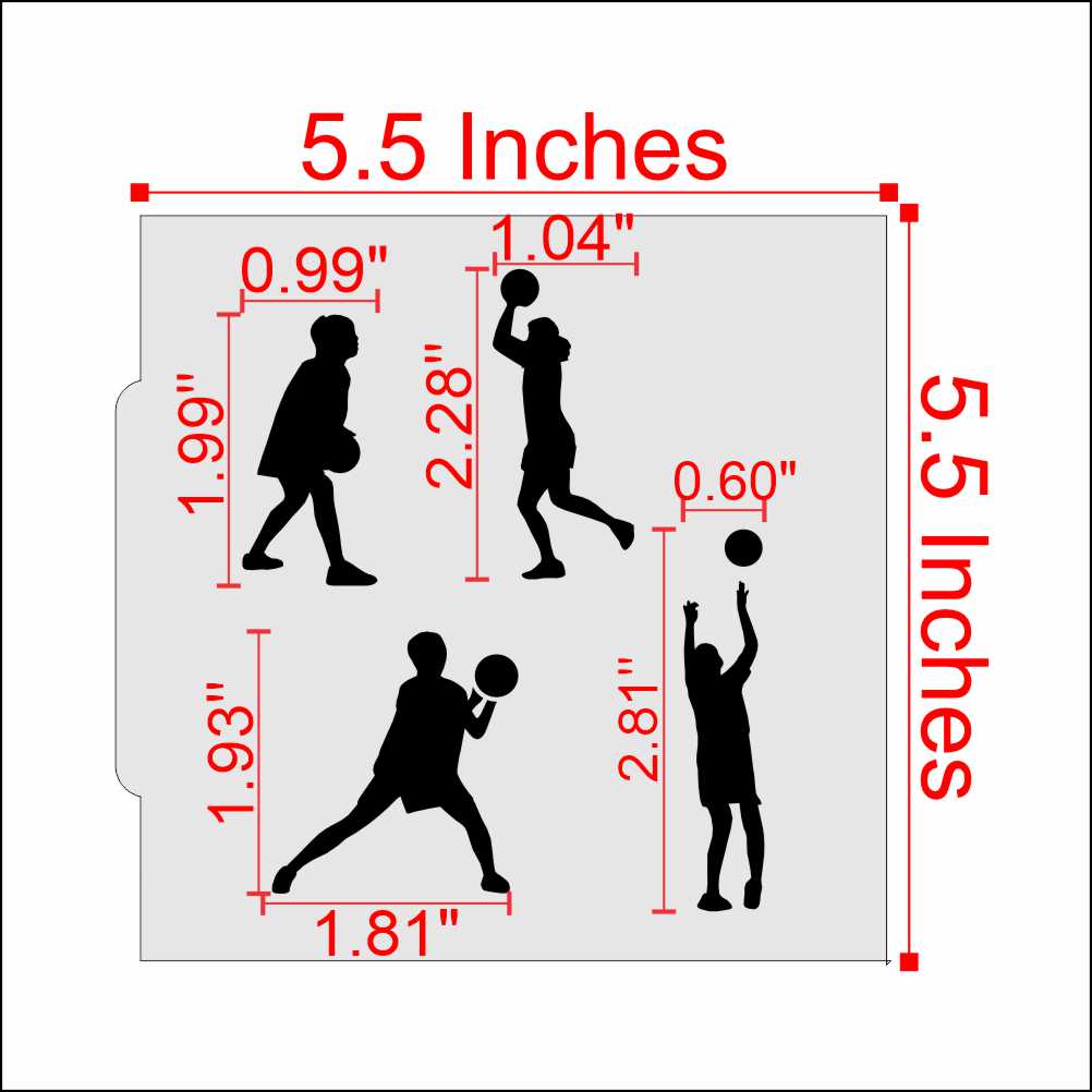 Women's basketball cookie stencil dimensions with various player silhouettes, 5.5 inches design for cookies and cupcakes.