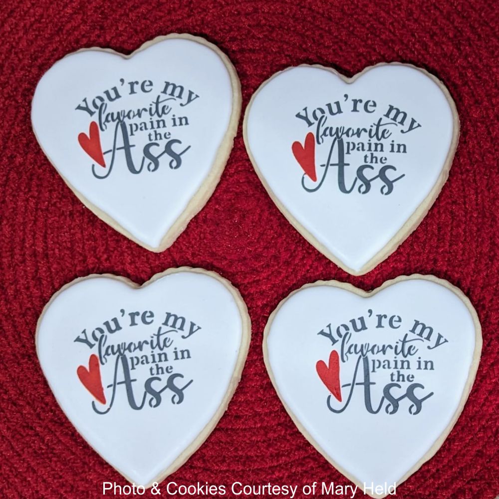 Airbrushed cookies by Mary Held using the My Favorite Pain Valentine's Day Cookie Stencil