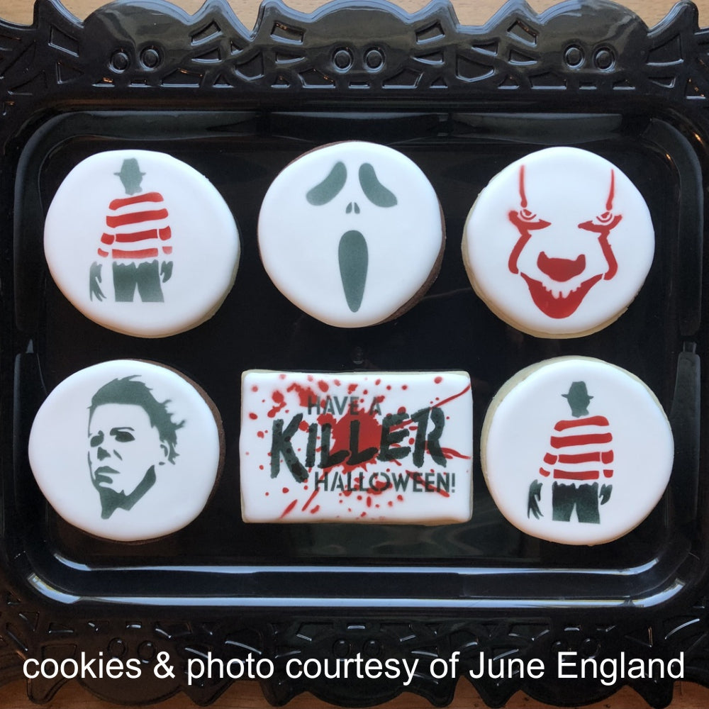Cookies decorated with the Killer Halloween Cookie Stencil Set