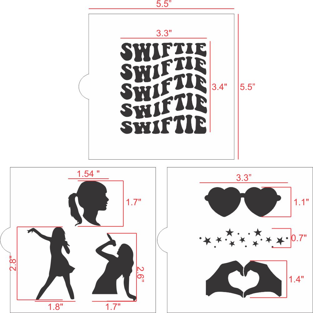 Measurements for the Swiftie Fan Cookie Stencil Set