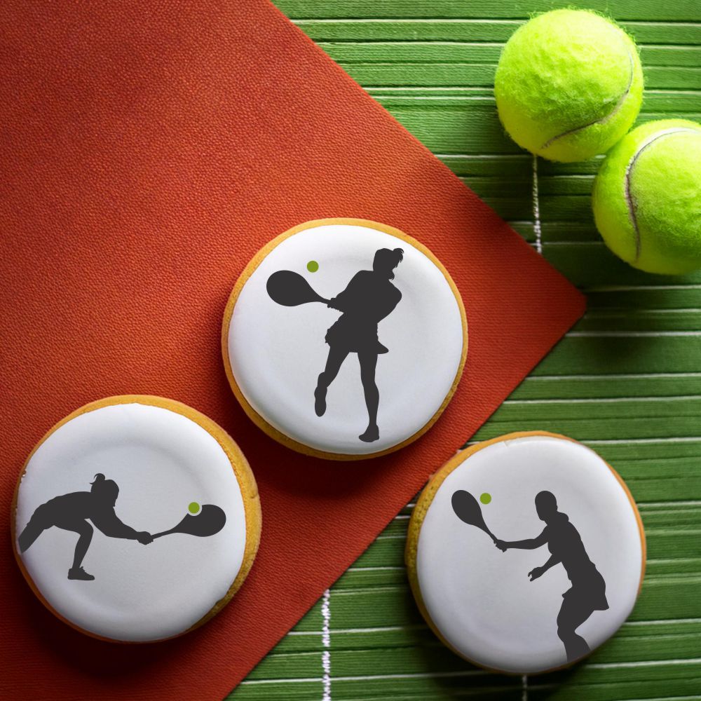 3 round cookies decorated using the Woman Tennis Player Cookie Stencils