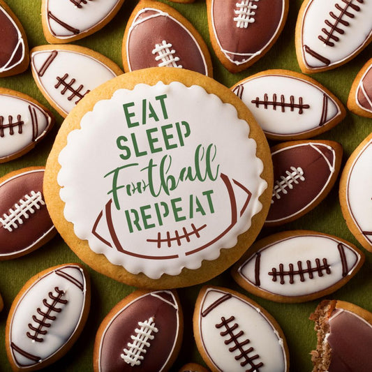 Round Cookie decorated using the Football Message Cookie Stencils