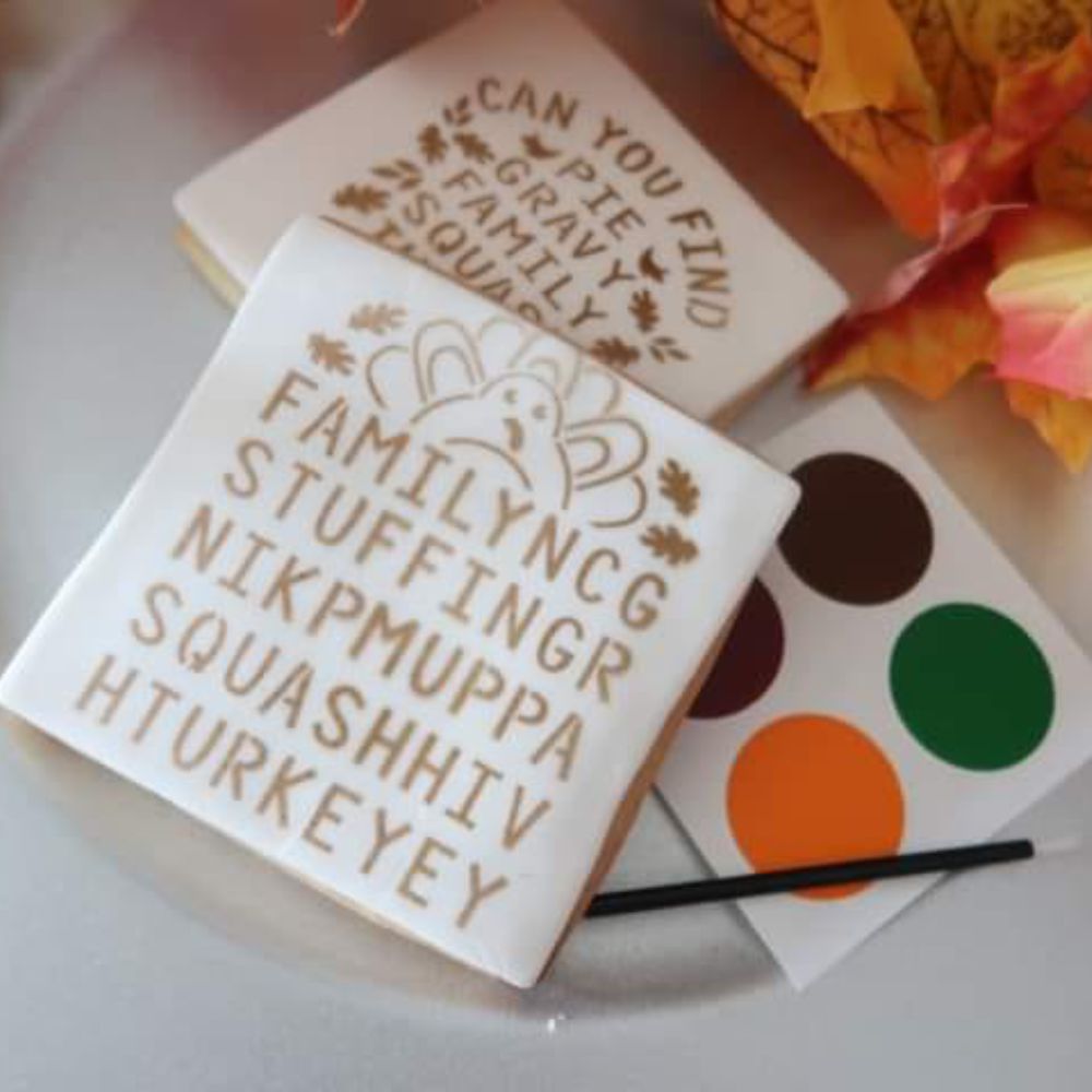 Thanksgiving Word Search Cookie Stencil airbrushed onto cookies by Cassandra Pacovich
