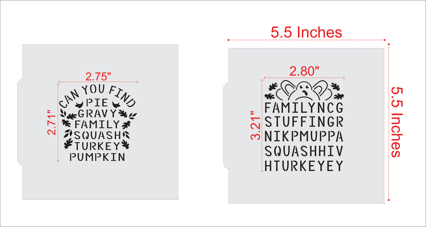 Measurements for the Thanksgiving Word Search Cookie Stencil 2 Piece Set