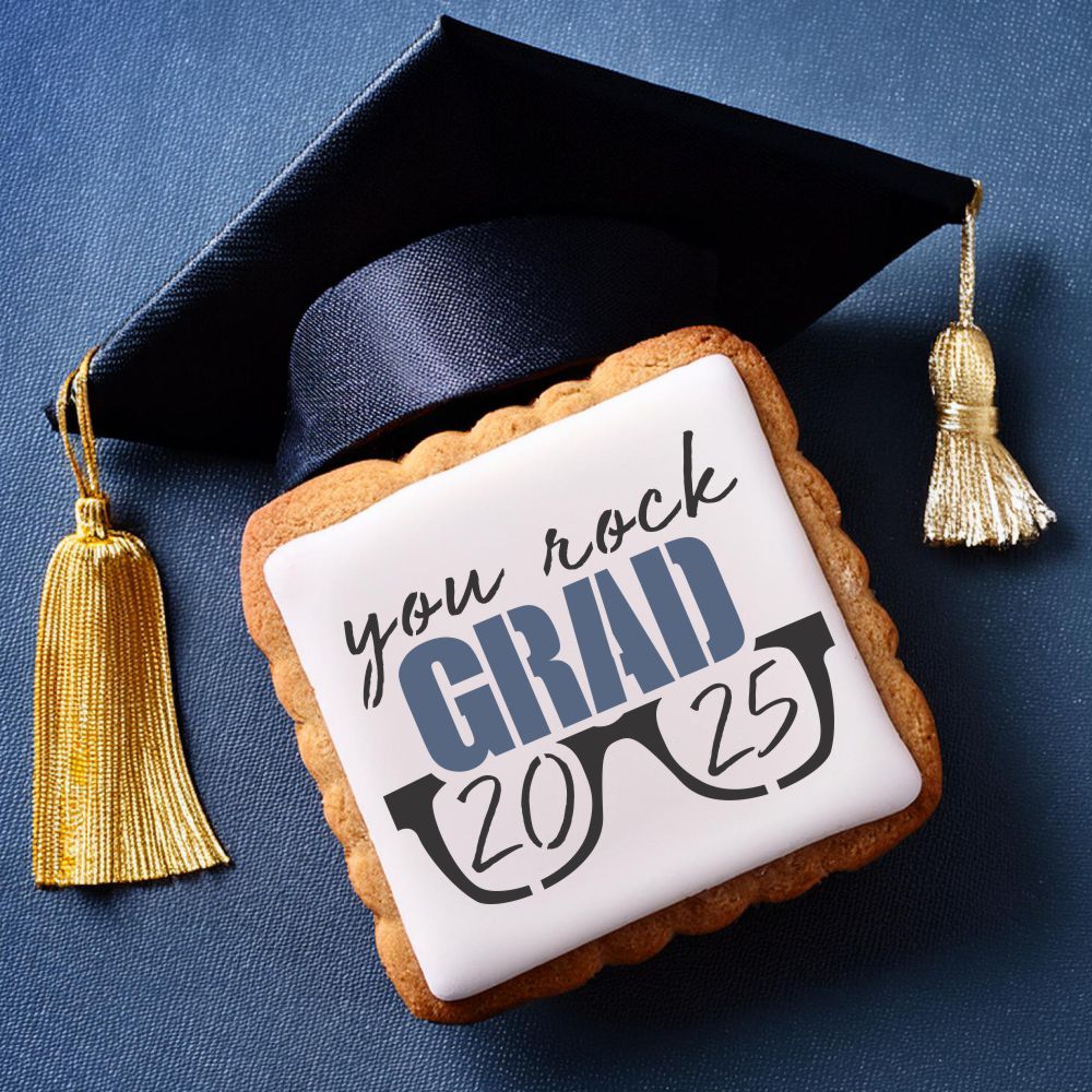 You Rock Grad Cookie Stencil applied to graduation cookies