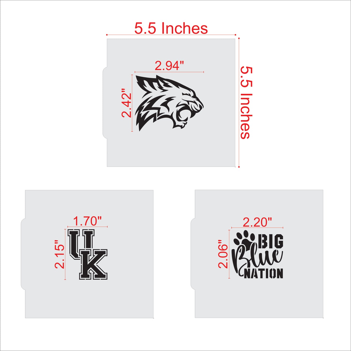 Kentucky Wildcats Cookie Stencil Set Measurements