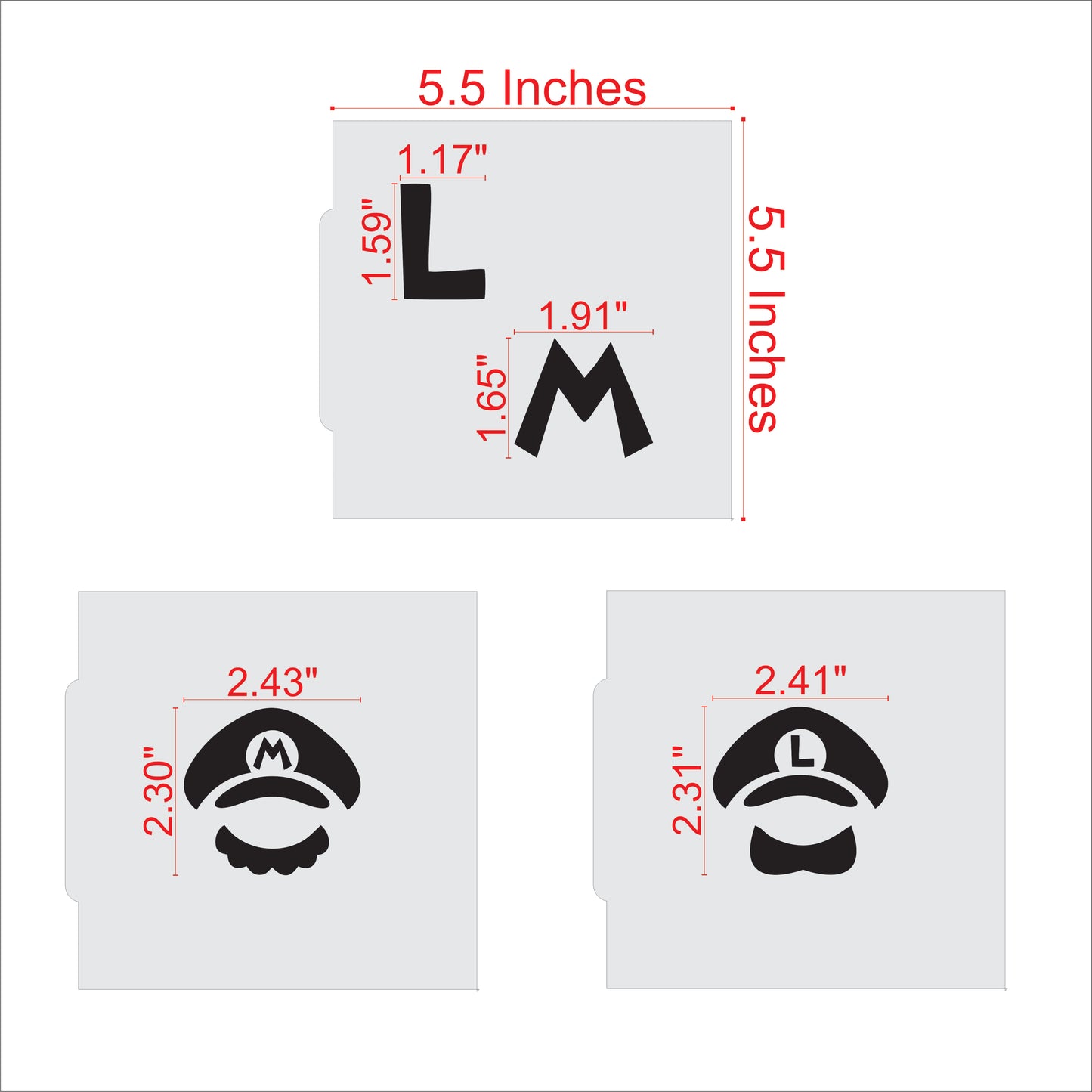 Mario and Luigi Cookie Stencil Set Measurements