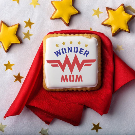 Wonder Mom Cookie Stencil applied to a square iced cookies for Mother's Day.
