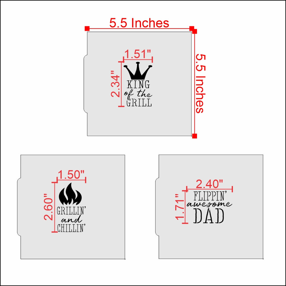 Measurements for the BBQ and Grilling Messages Cookie Stencil Set