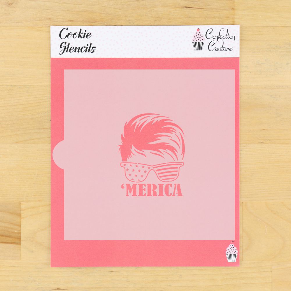 'Merica cookie stencil featuring sunglasses design, perfect for festive Fourth of July cookie decorating.