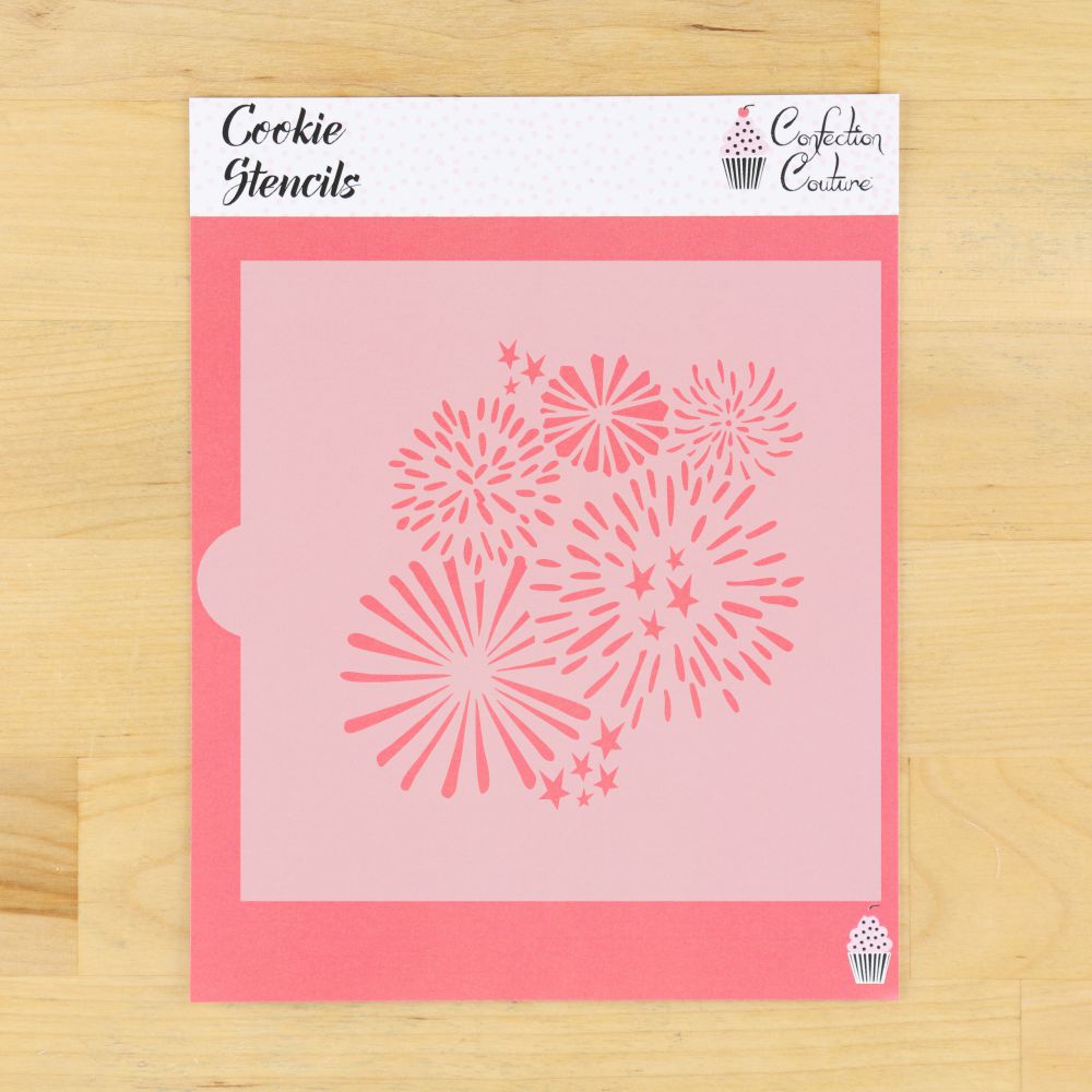 Patriotic cookie stencil featuring fireworks design for cookie decorating fun at Fourth of July parties.