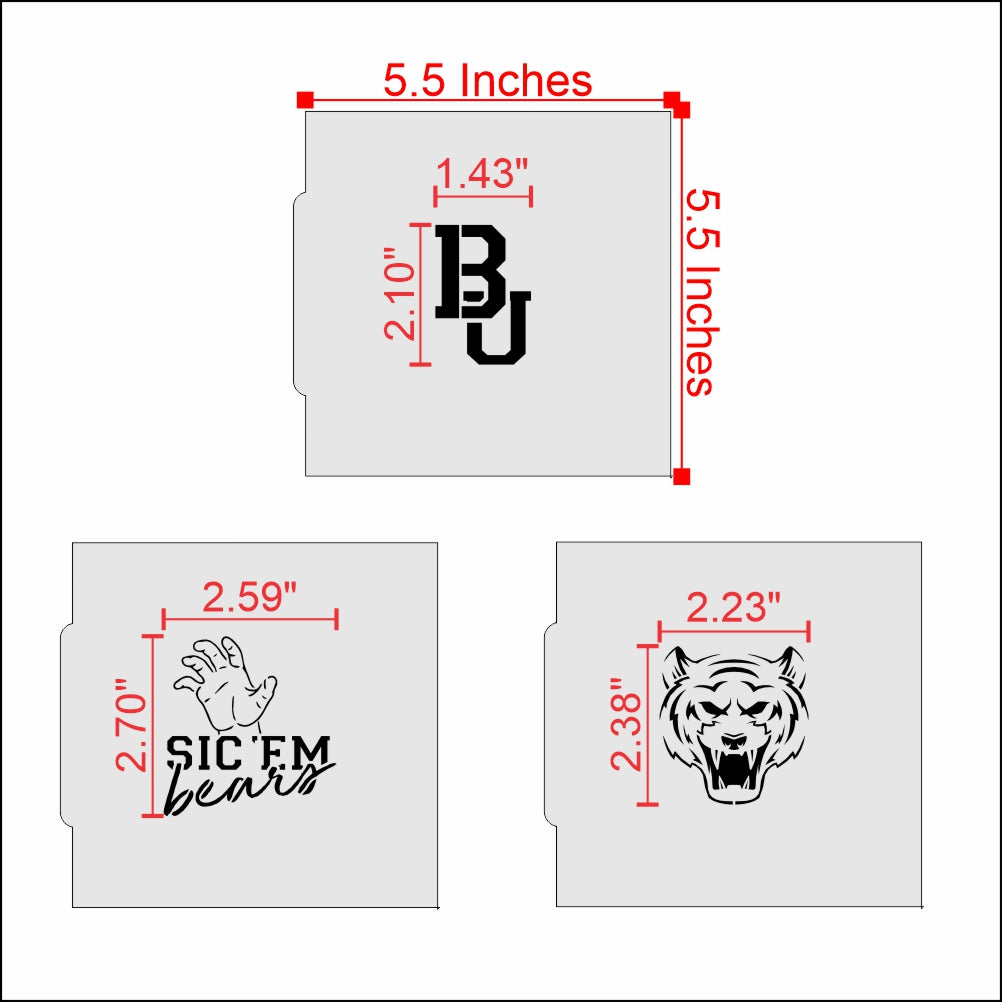Sic Em Bears cookie stencil set with dimensions, featuring BU logo, bear paw, and tiger design for game-day treats.