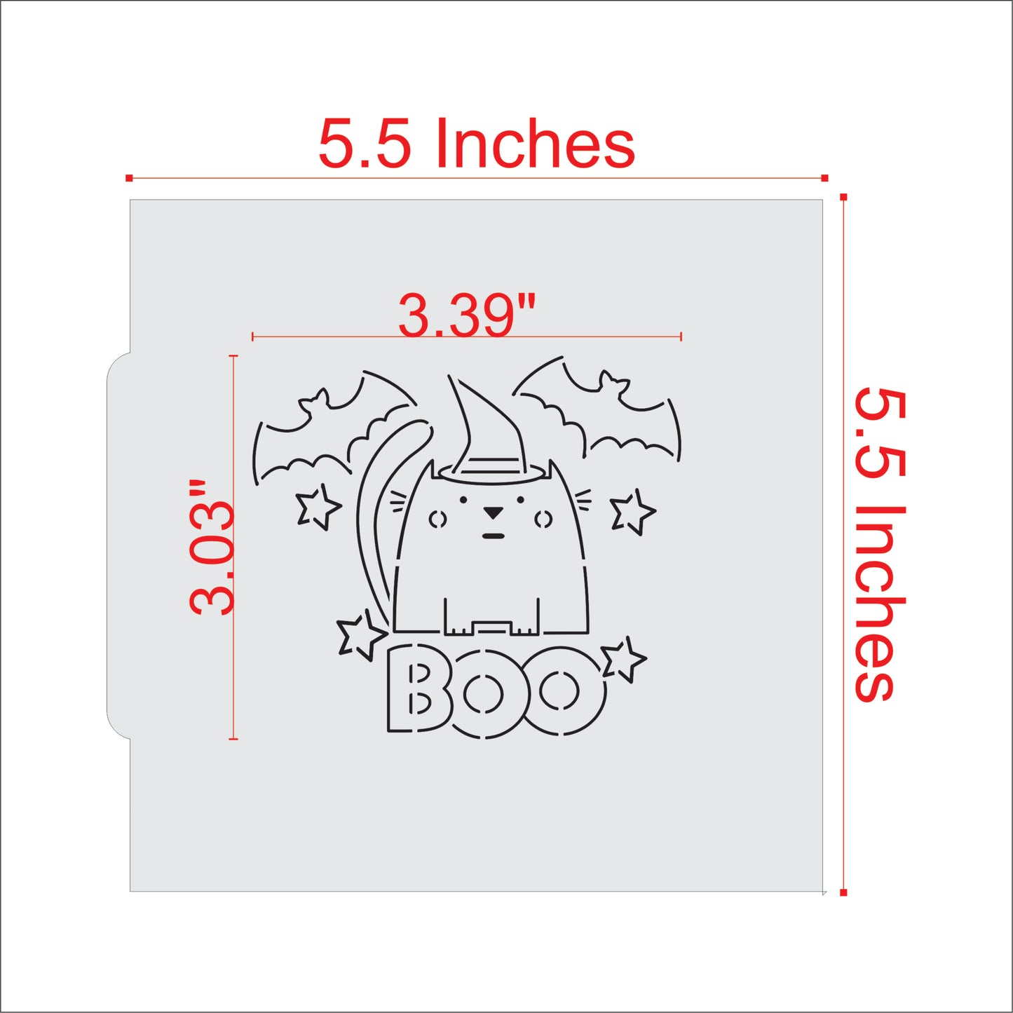 Boo Kitty Paint Your Own Cookie Stencil, featuring a cute kitty design with 'BOO' message and bat accents, sizes 5.5 x 5.5 inches.