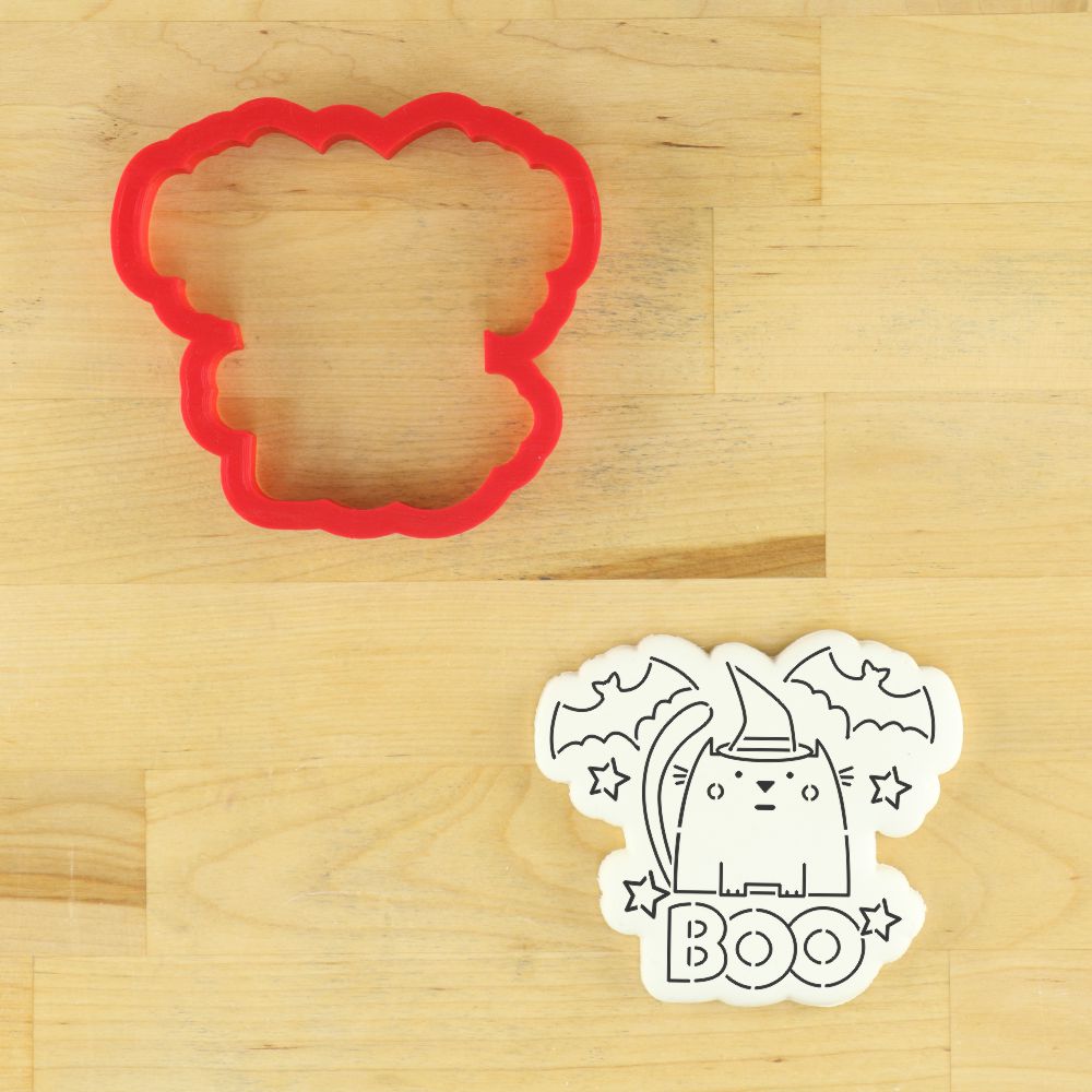 Boo Kitty cookie cutter and stencil for Halloween baking with a cute design and 'BOO' message, perfect for cookies.
