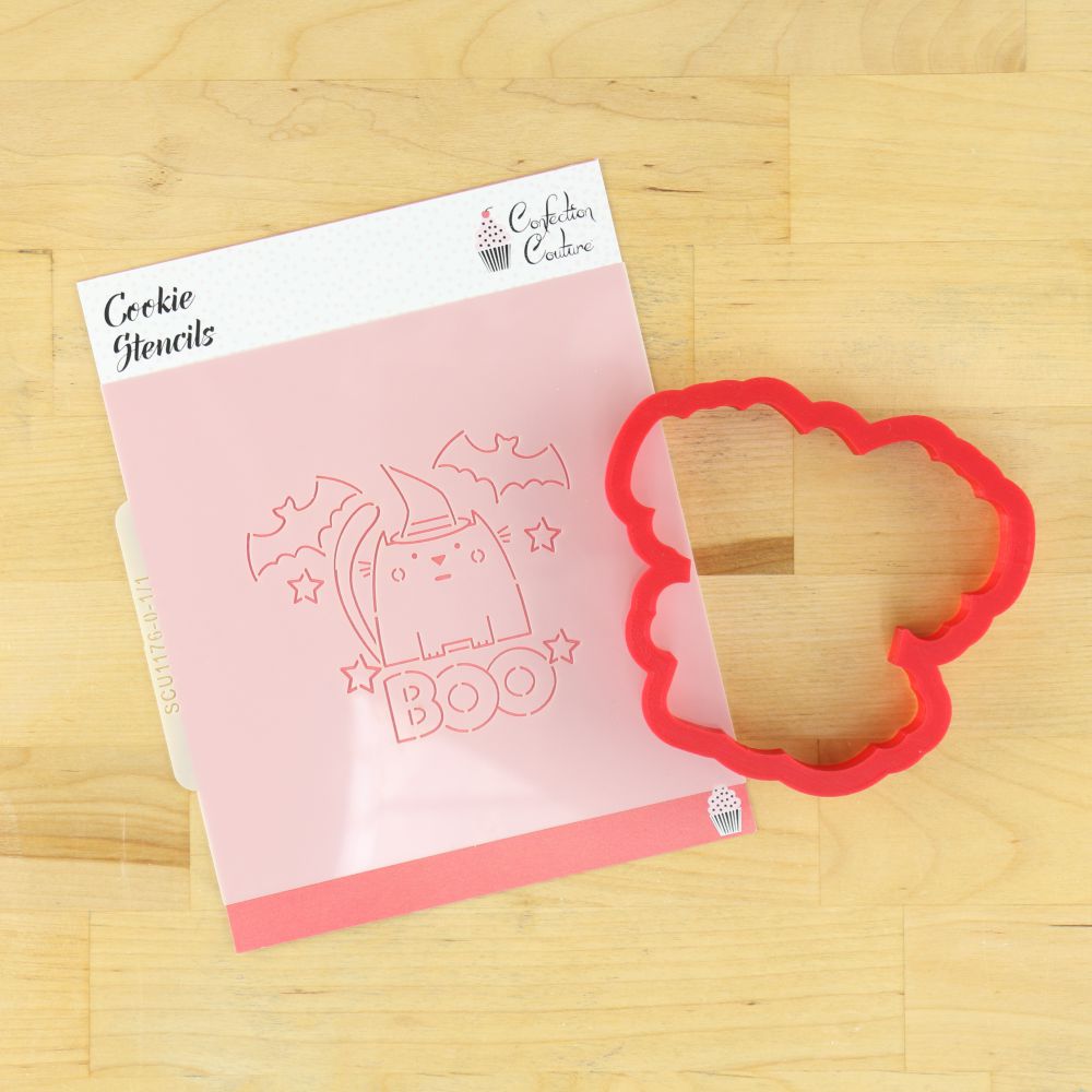 Boo Kitty Halloween cookie stencil and cutter set featuring a cute design, perfect for painting festive cookies.