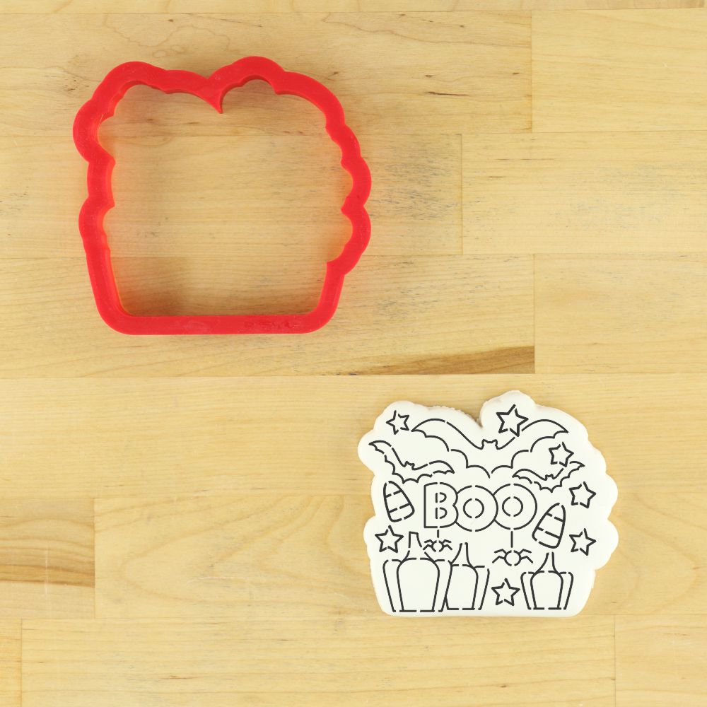 Boo Bat Halloween cookie stencil and cutter set with bats, pumpkins, and 'BOO' message for decorating cookies.