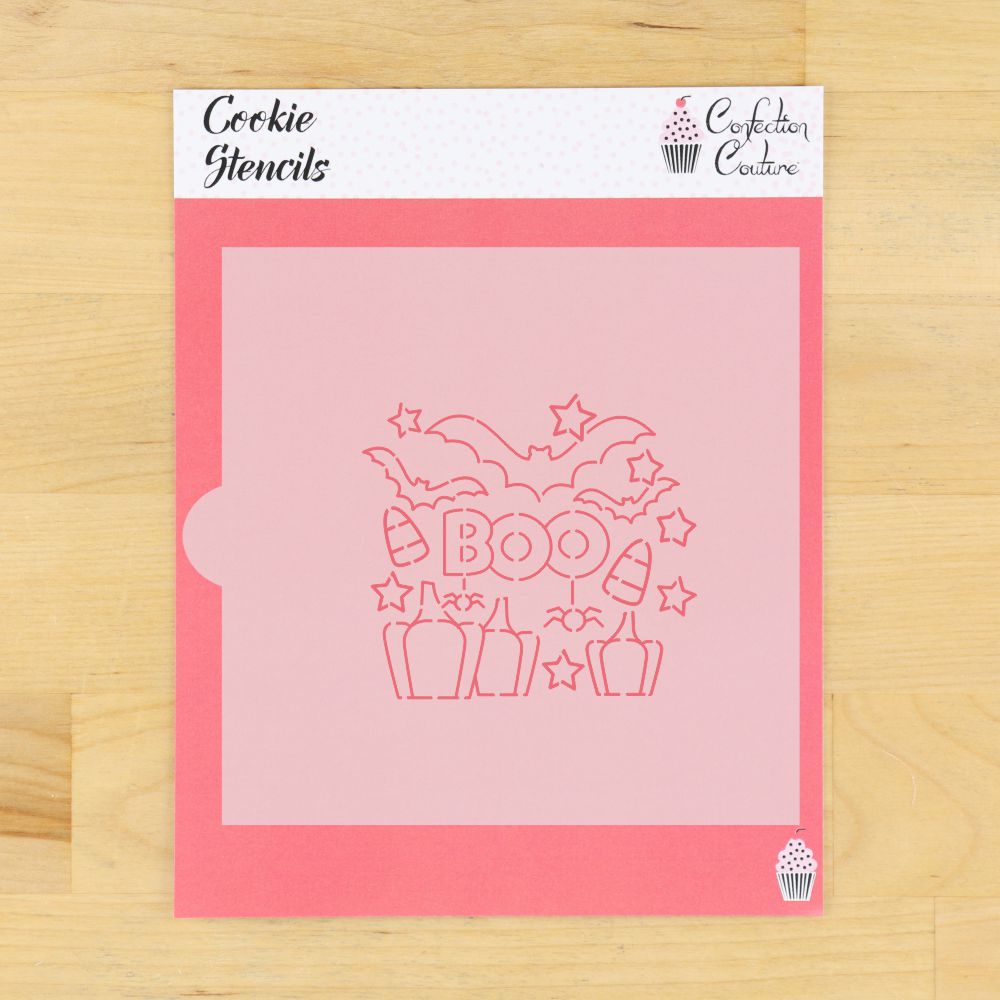 Boo Bat Halloween cookie stencil featuring bats, pumpkins, and 'BOO' message for festive baking.