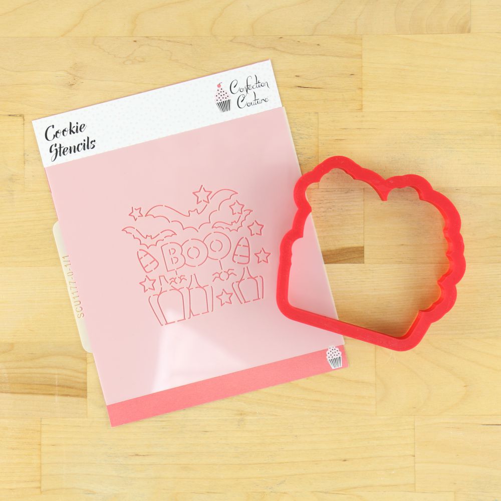 Boo bat cookie stencil and cutter set for Halloween decorating, featuring bats, pumpkins, and a 'Boo' design.