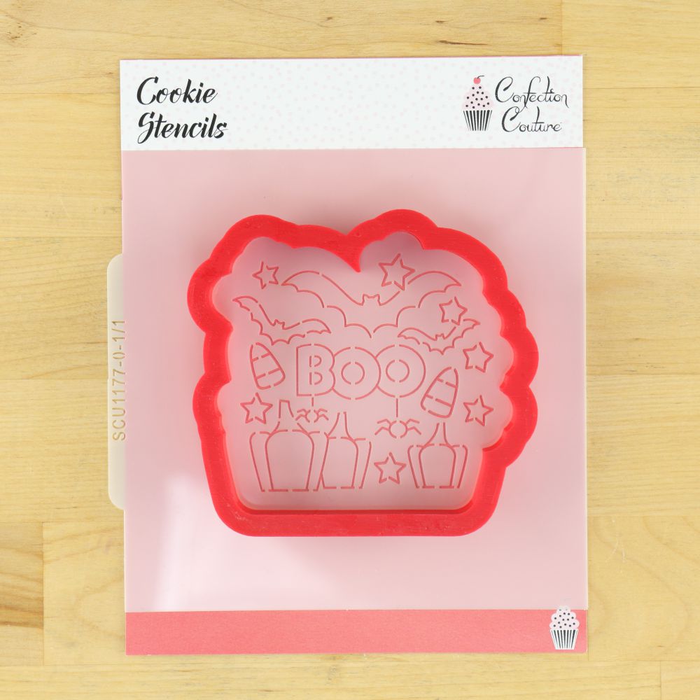 Boo Bat Cookie Stencil featuring bats, pumpkins, and BOO for Halloween baking. Perfect for paint your own cookies and decoration.