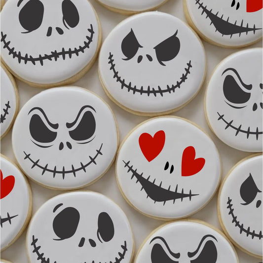 Jack Skellington face cookie stencils featuring spooky and love designs on round cookies for Halloween.