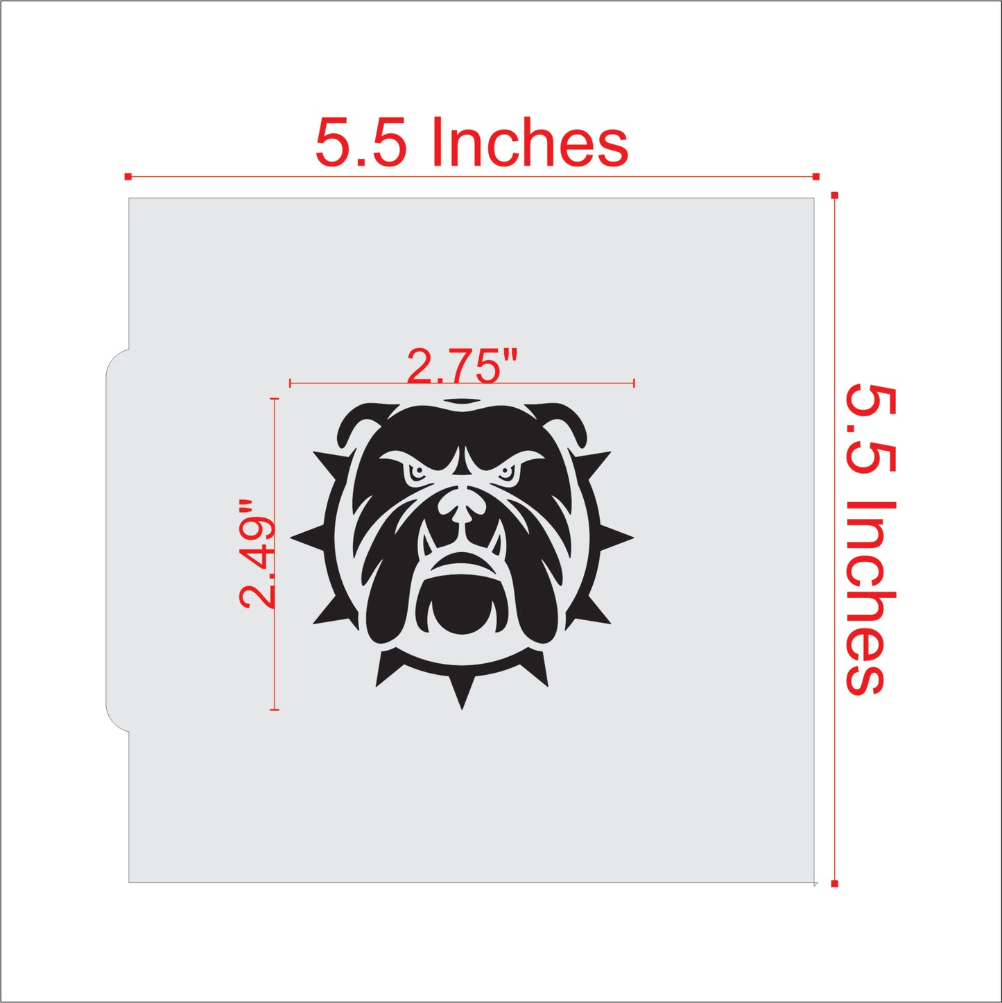 Bulldog mascot cookie stencil design with measurements for fan-themed treats and baked goods.