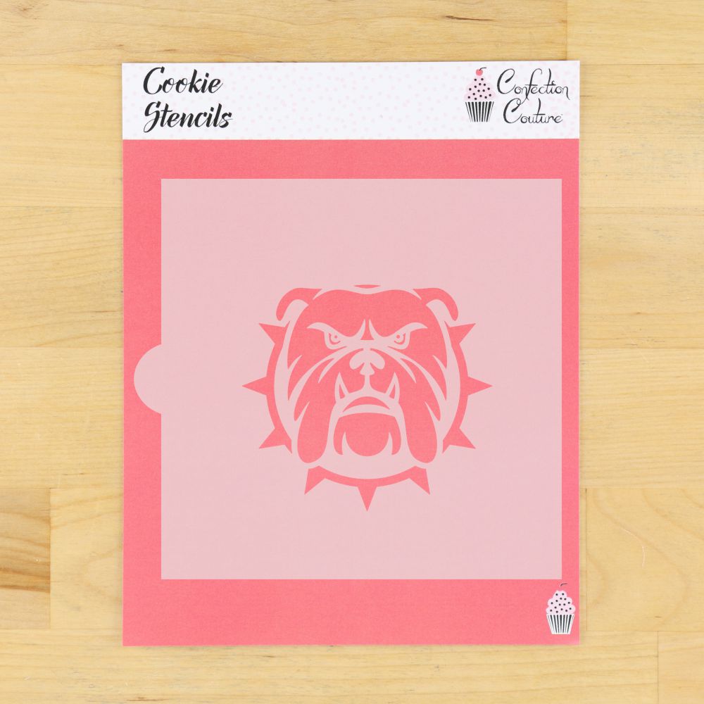 Bulldog mascot cookie stencil for decorated cookies in team spirit colors. Perfect for sports events and school functions.