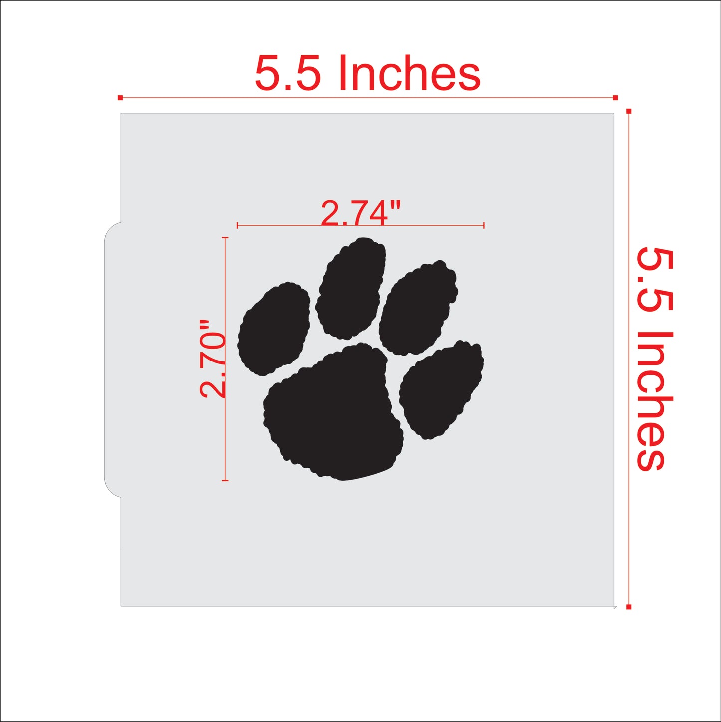 Tiger Paw Mascot Cookie Stencil dimensions 5.5 inches by 5.5 inches with paw print design for cookie decorating.