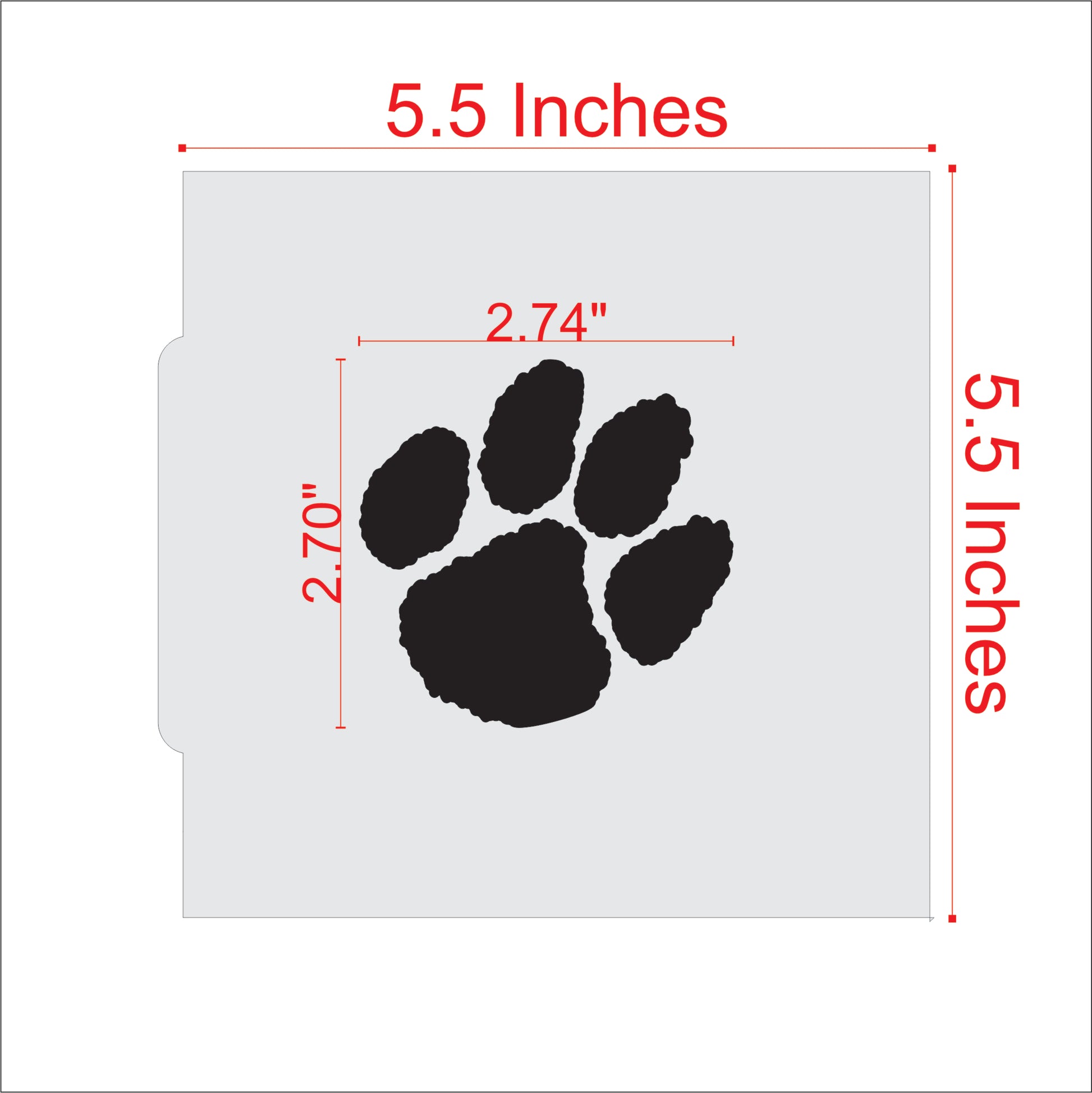 Tiger Paw Mascot Cookie Stencil dimensions 5.5 inches by 5.5 inches with paw print design for cookie decorating.