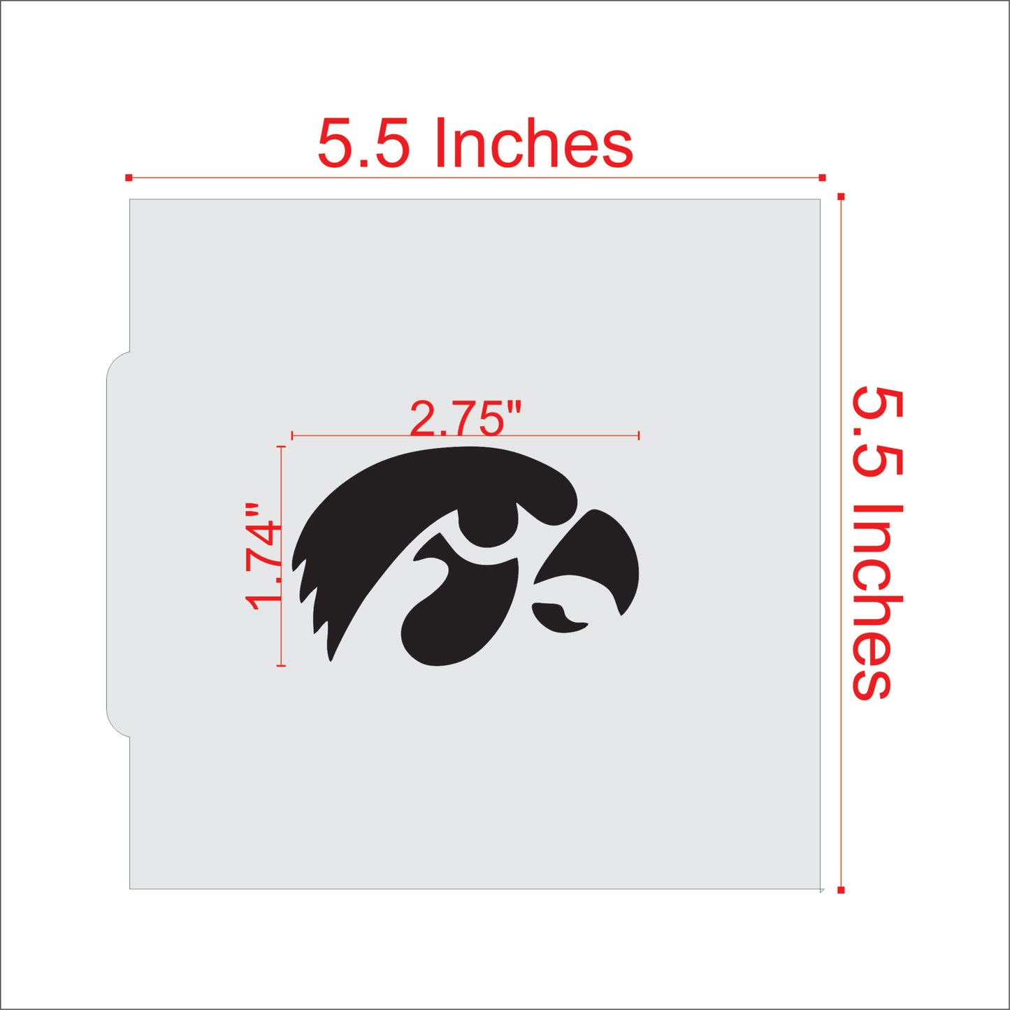 Hawk Head Mascot Cookie Stencil design with measurement details for cookie decoration.
