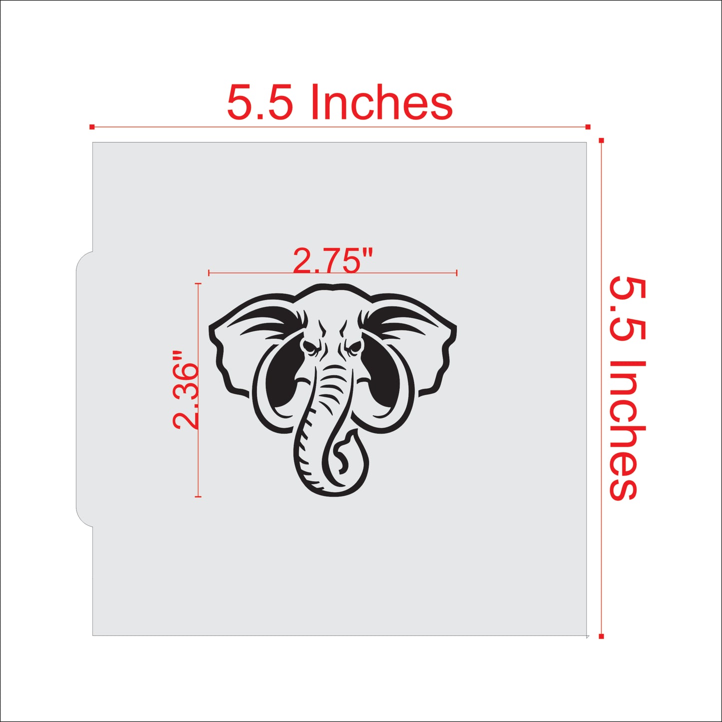 Elephant mascot cookie stencil design with dimensions, perfect for adding team spirit to baked goods.
