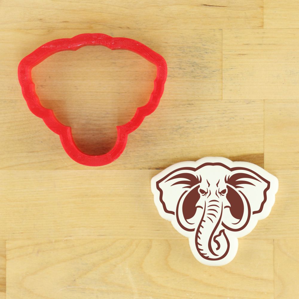 Elephant mascot cookie stencil and matching cutter in red, perfect for baking team-themed cookies.
