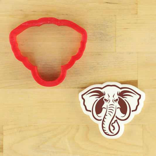 Elephant mascot cookie stencil and matching cutter in red, perfect for baking team-themed cookies.