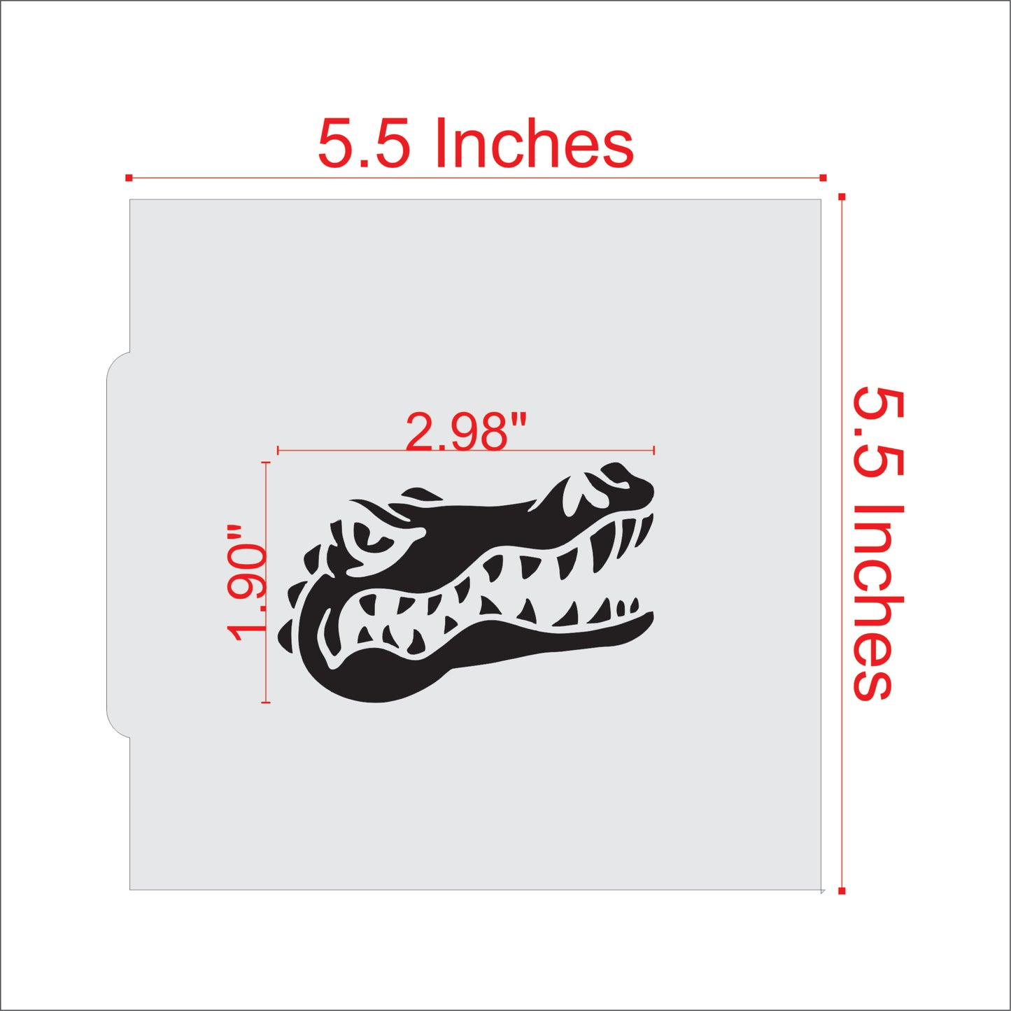 Alligator mascot cookie stencil with dimensions of 5.5 x 5.5 inches for team-themed baking.