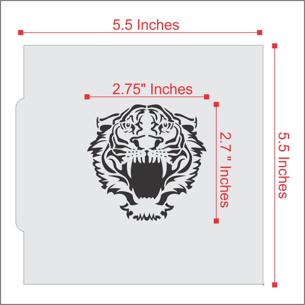 Tiger front view mascot cookie stencil measuring 5.5x5.5 inches, perfect for team-themed cookies at events.