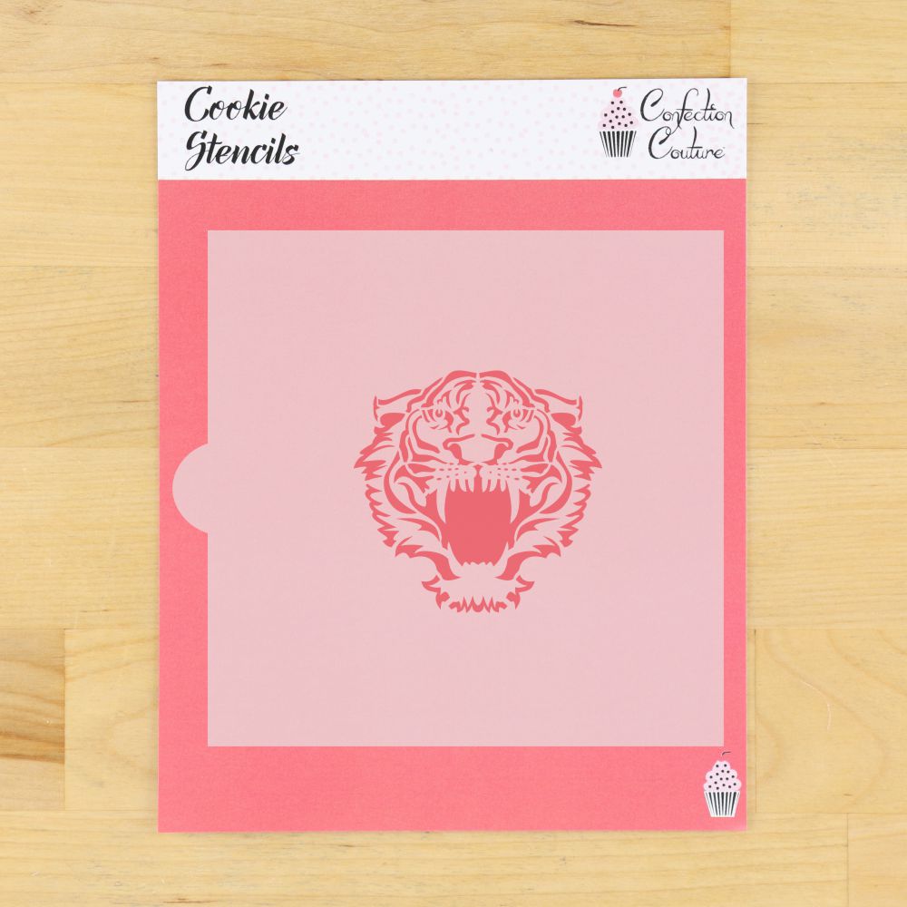 Tiger front view mascot cookie stencil for team-themed baking and celebrations.