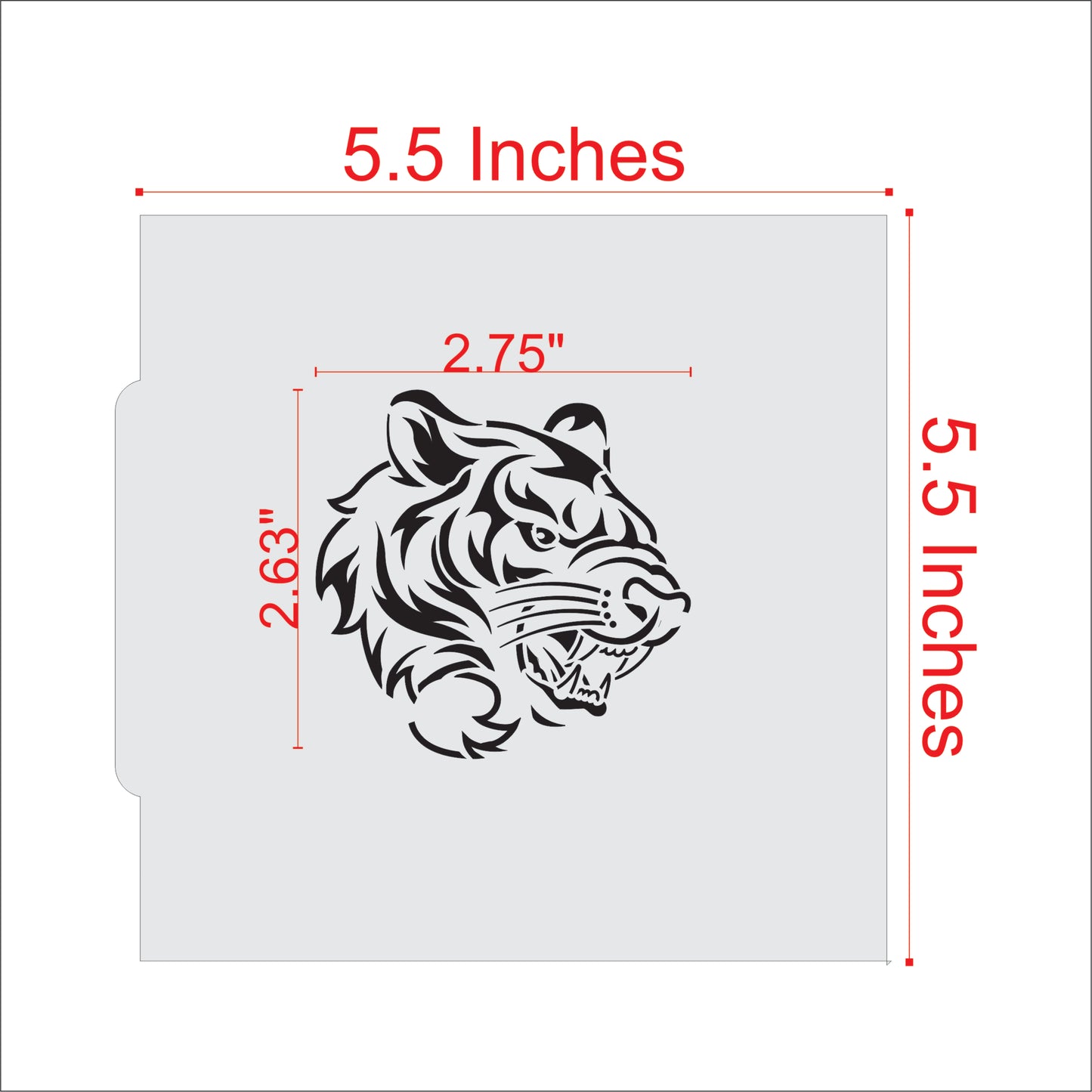Tiger side view mascot cookie stencil design with dimensions shown for baking fans.