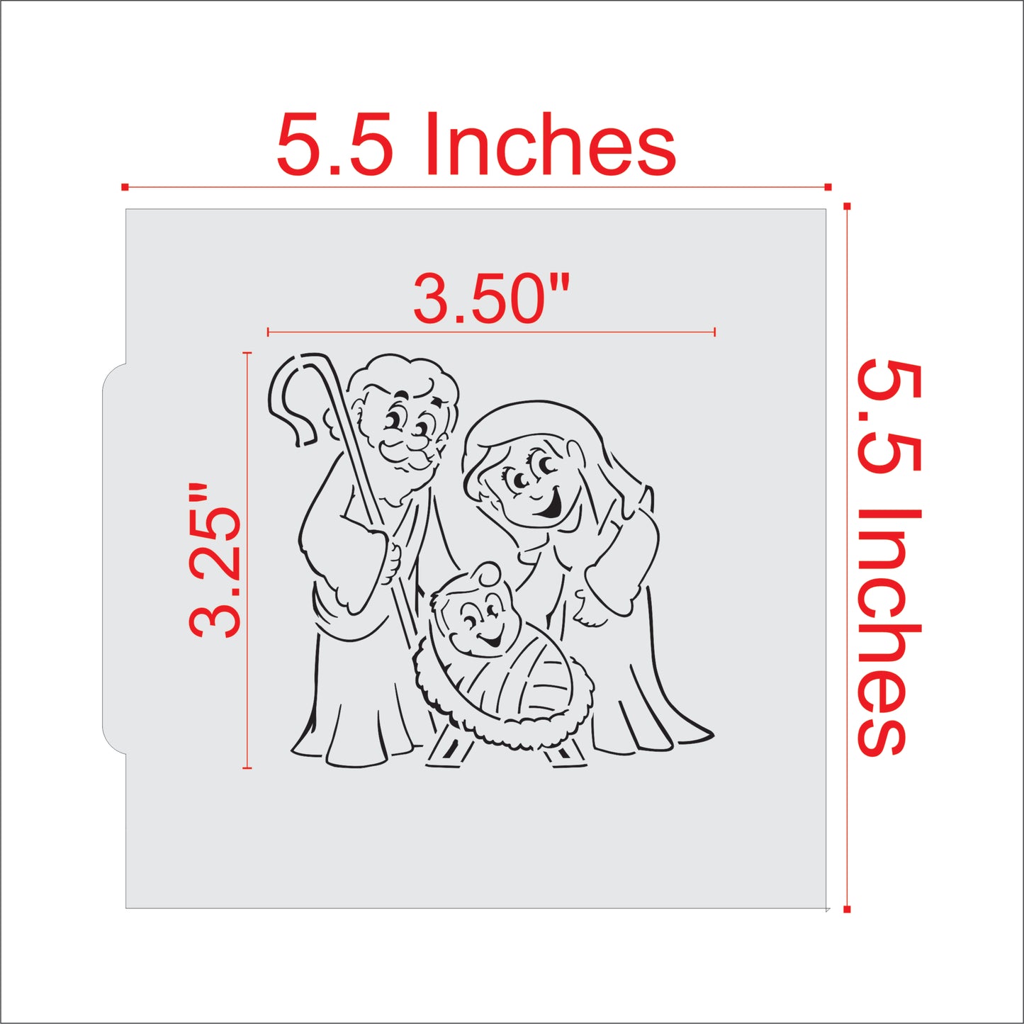 Nativity scene cookie stencil featuring Mary, Joseph, and baby Jesus, ideal for holiday baking and crafts.