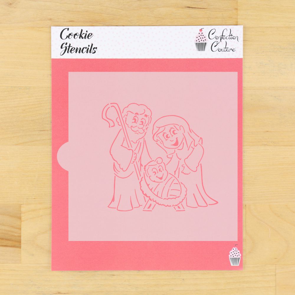 Nativity scene cookie stencil featuring Mary, Joseph, and baby Jesus for holiday baking and decorating.