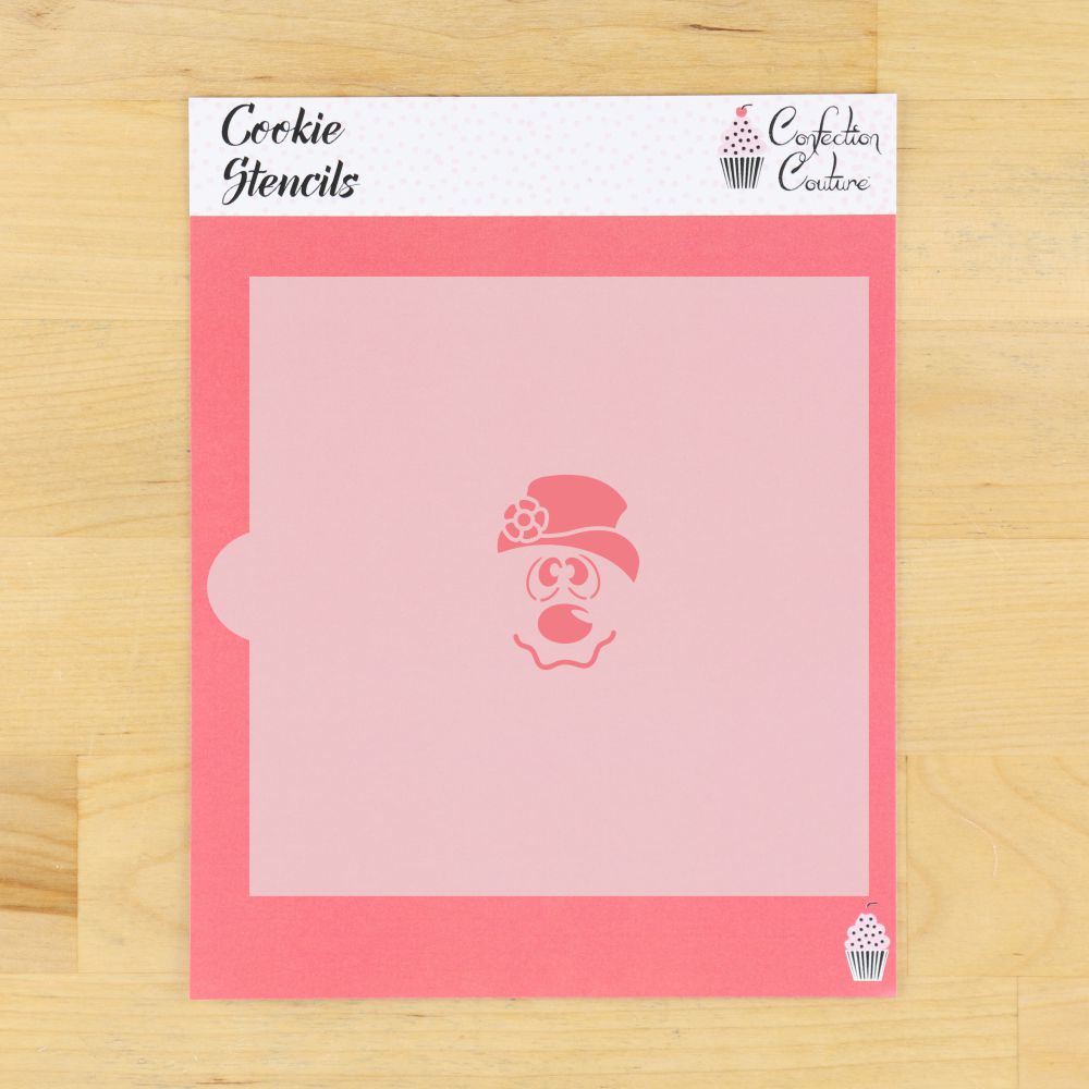 Frosty Snowman cookie stencil design on a pink background for festive holiday baking.