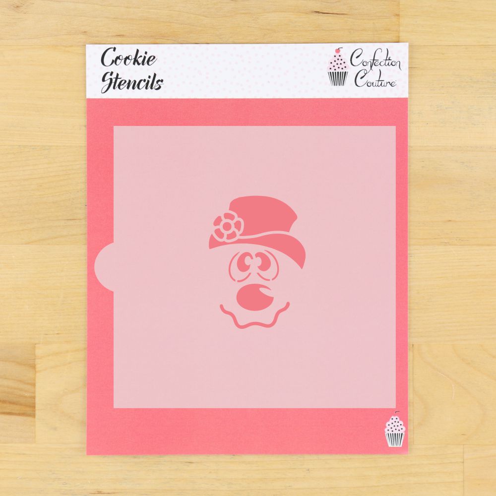 Frosty Snowman Cookie Stencil for festive decorating, featuring a playful snowman design on a pink background.